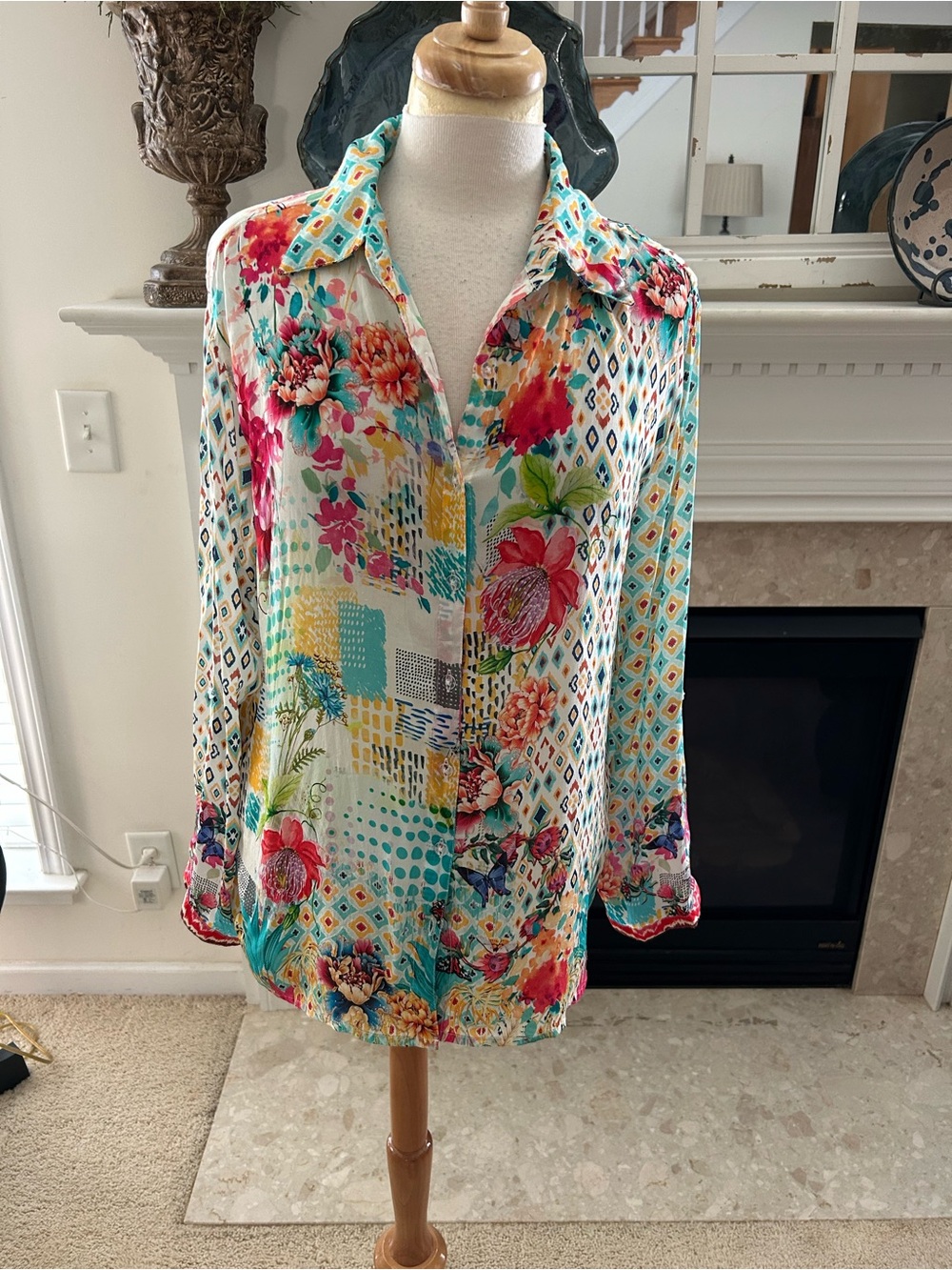 Shana Oversized Silk Floral Multi-Print Button Down Shirt
